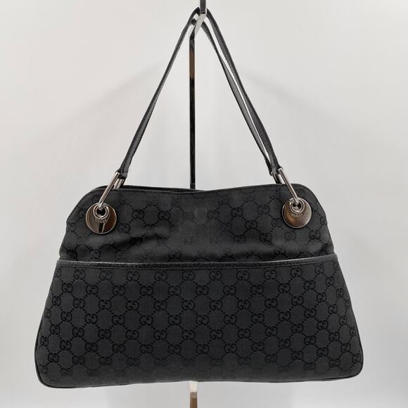Gucci GG Monogram Eclipse Tote Bag Cloth Canvas Leather Trim Black Y2K Purse - Picture 2 of 16